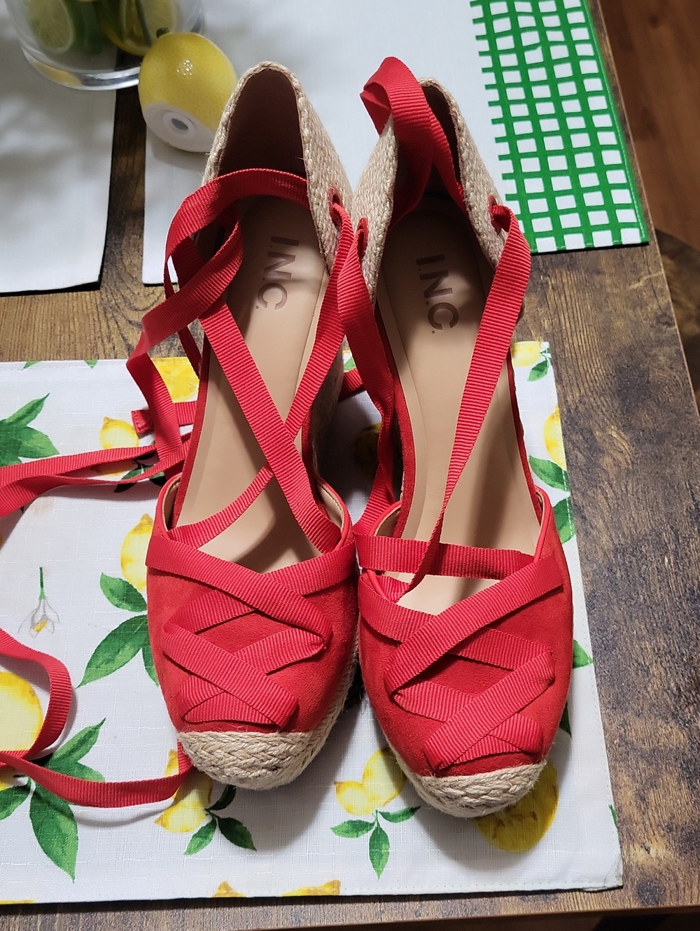 INC International Concepts Red Lace-Up Espadrille Wedges
